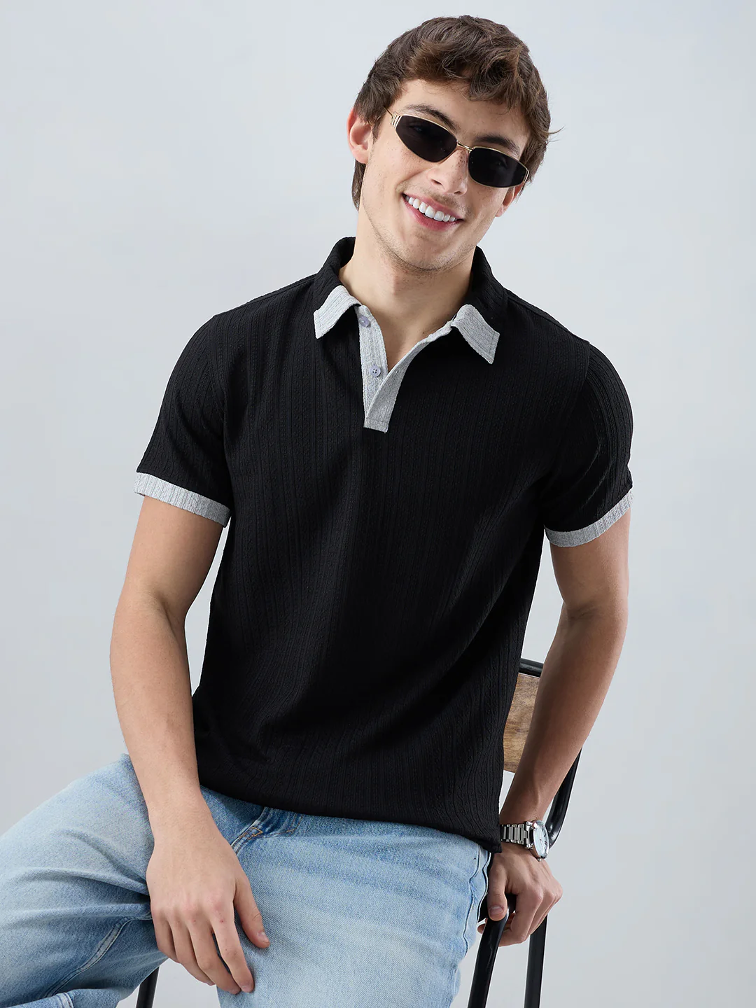 Rich Black Contrast Polo Neck Knit T-shirt - Image 2