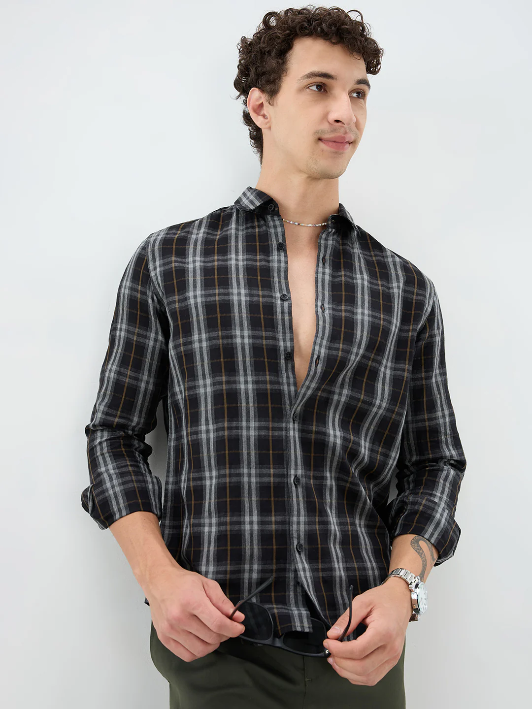 Rich Black Contrast Windowpane Melange Checks Shirt