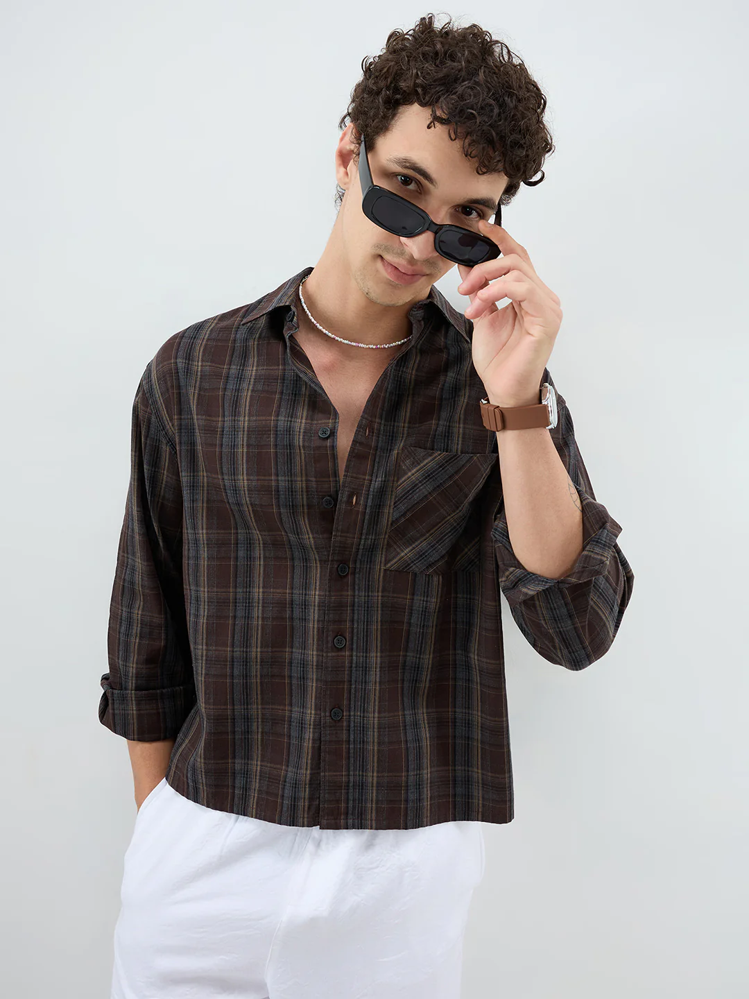 Rich Brown Multi Line Checks Melange Boxy Fit Crop Shirt