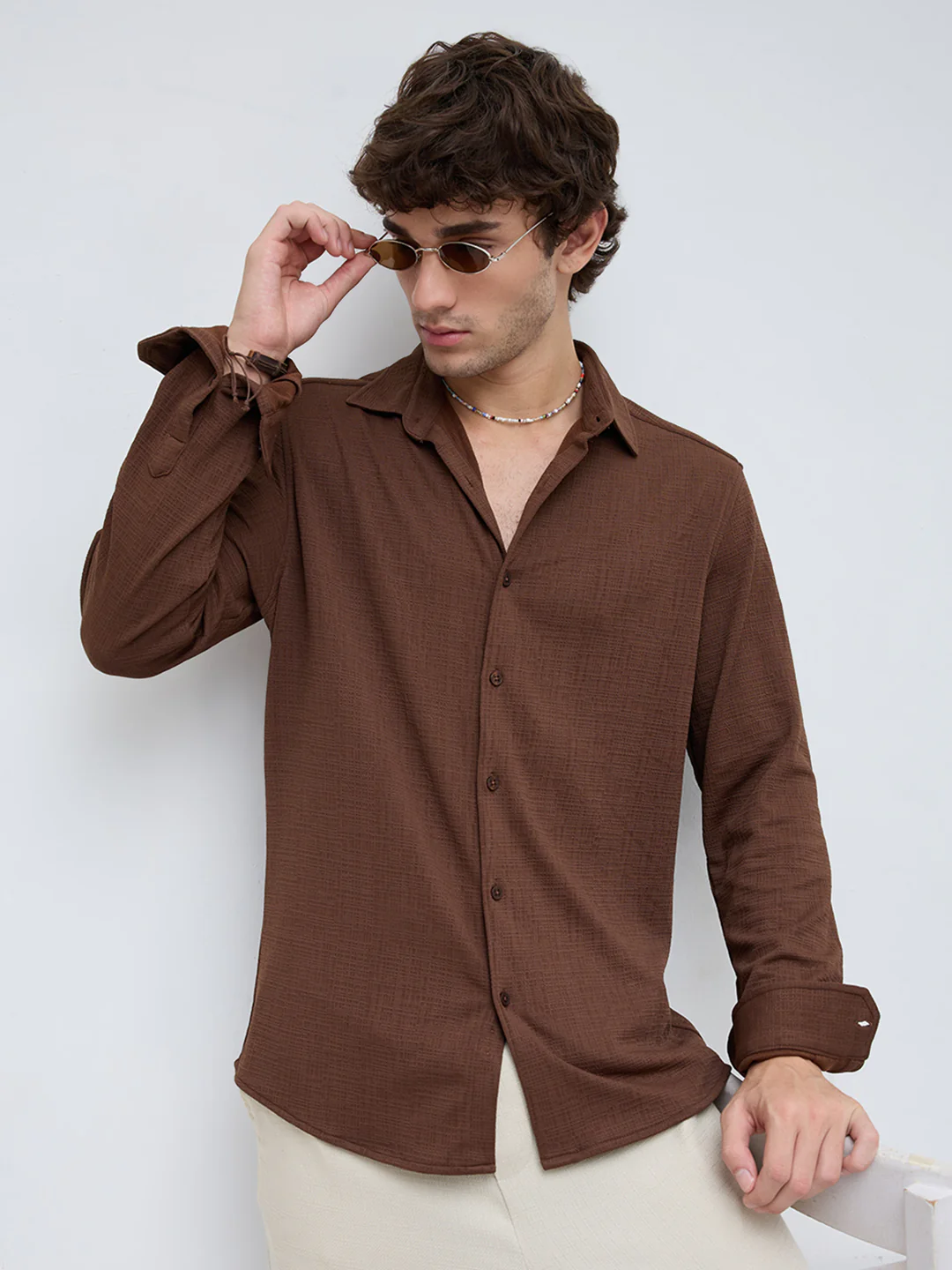 Rich Cocoa Knitted Textured Relaxed Shirt - Image 2