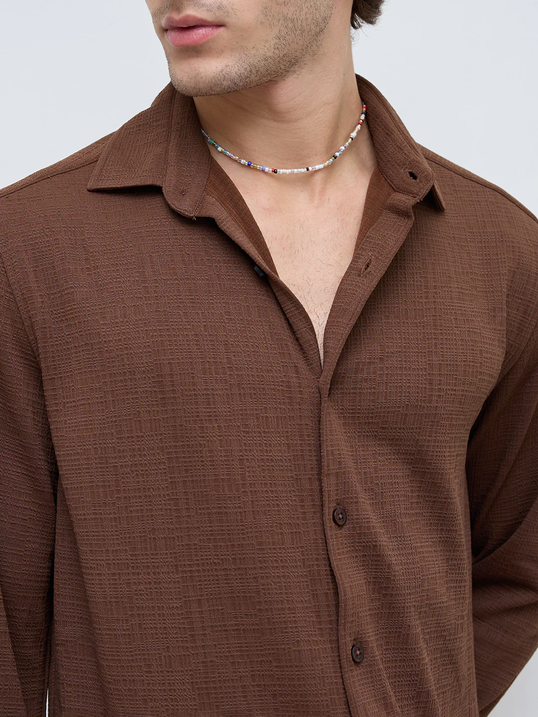 Rich Cocoa Knitted Textured Relaxed Shirt - Image 3