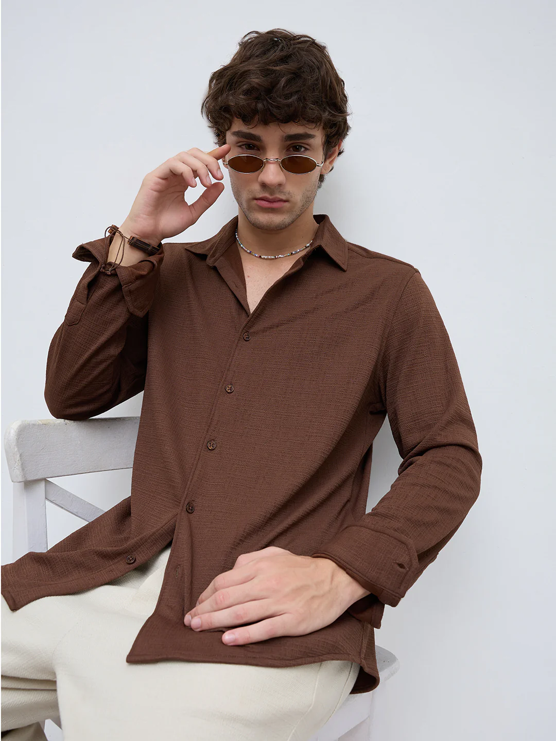 Rich Cocoa Knitted Textured Relaxed Shirt - Image 4