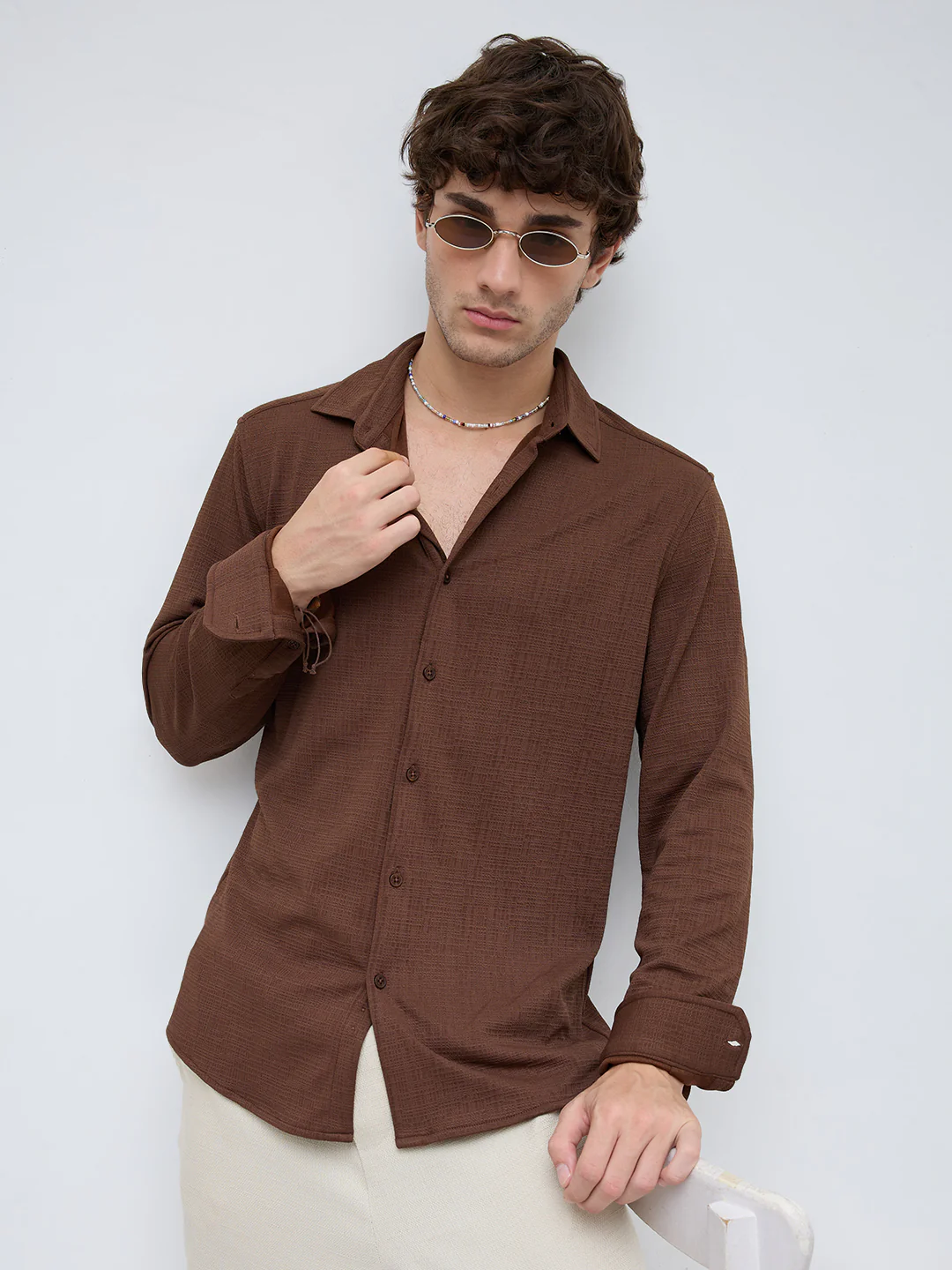 Rich Cocoa Knitted Textured Relaxed Shirt - Image 5