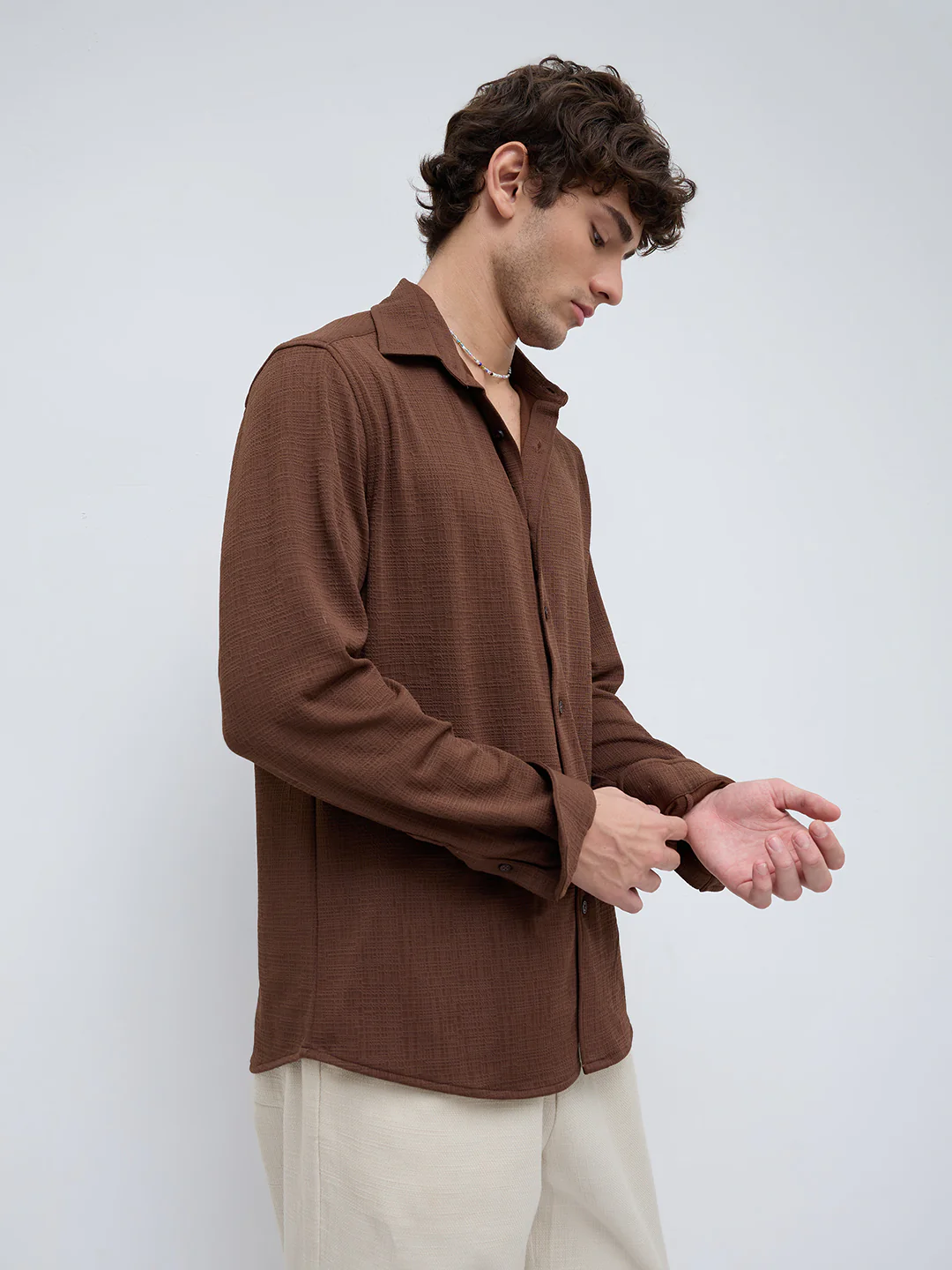 Rich Cocoa Knitted Textured Relaxed Shirt - Image 6