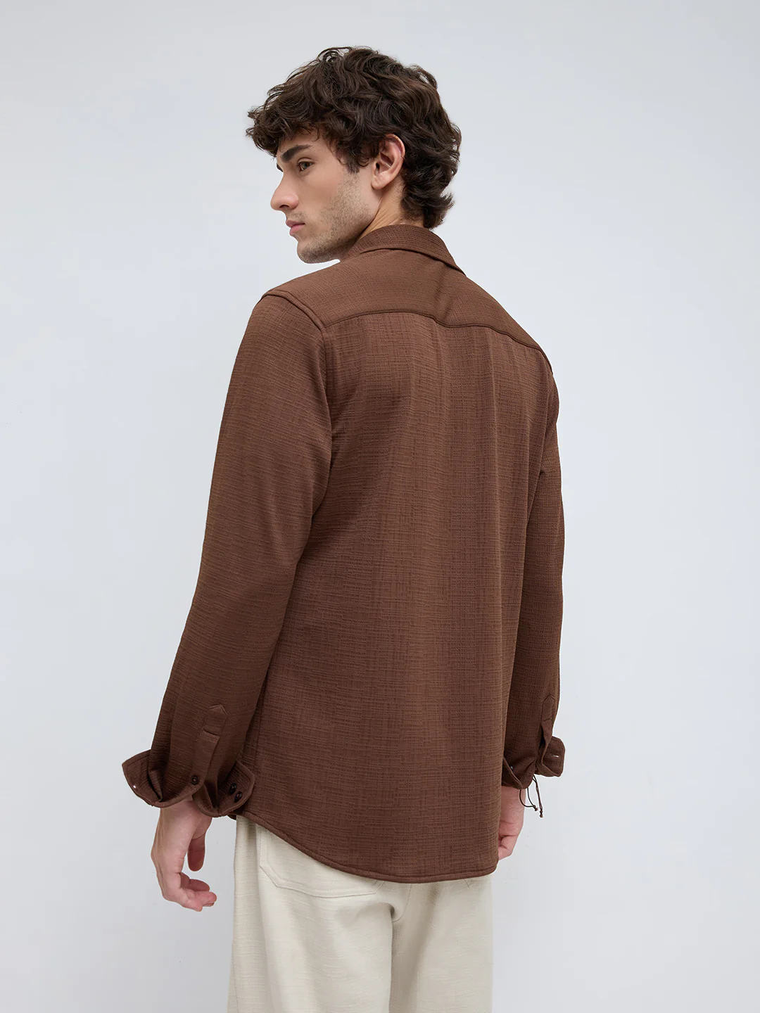 Rich Cocoa Knitted Textured Relaxed Shirt - Image 7