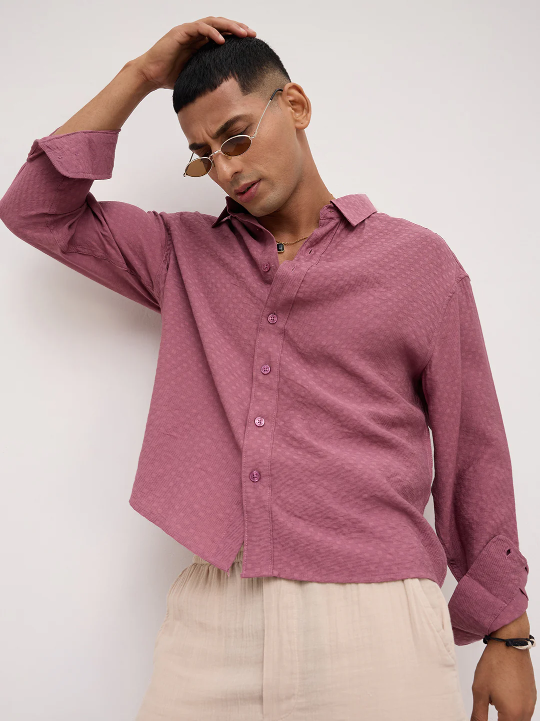 Rosewood Pink Dot Textured Boxy Fit Crop Shirt - Image 2