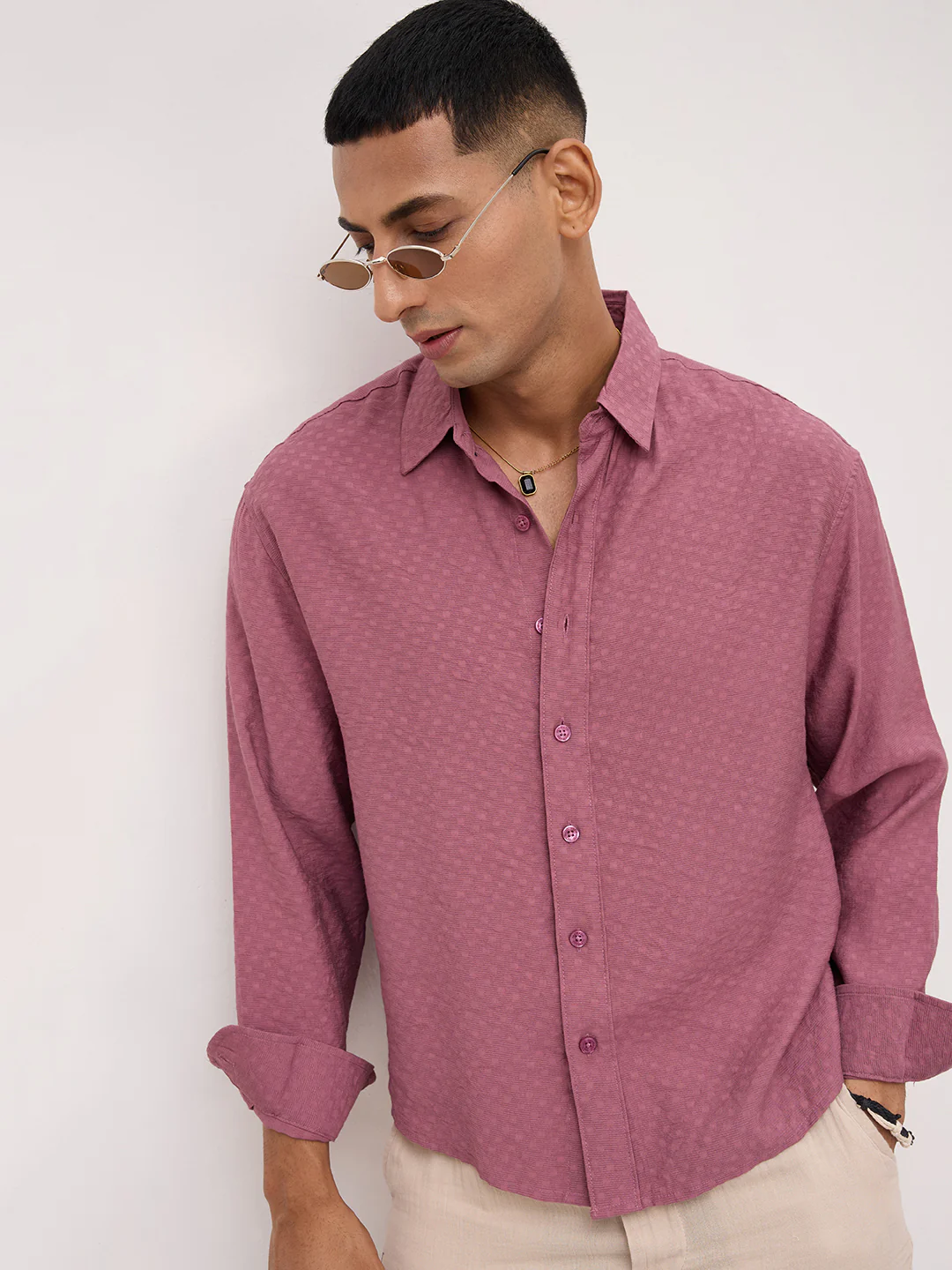 Rosewood Pink Dot Textured Boxy Fit Crop Shirt - Image 4