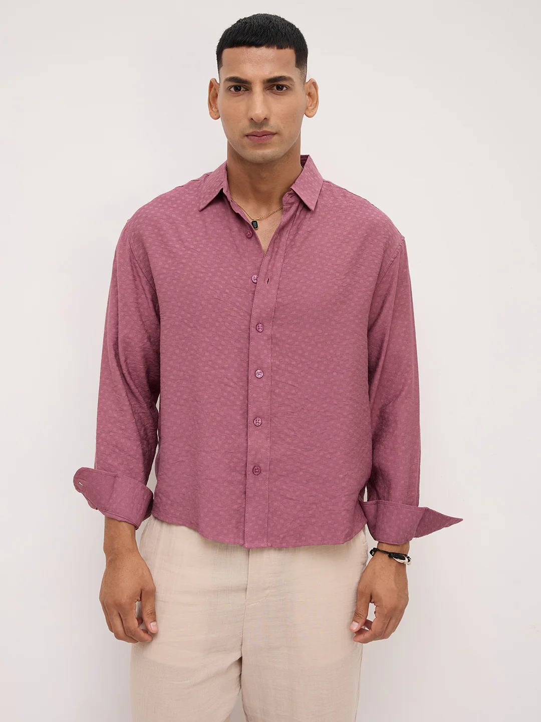 Rosewood Pink Dot Textured Boxy Fit Crop Shirt - Image 5