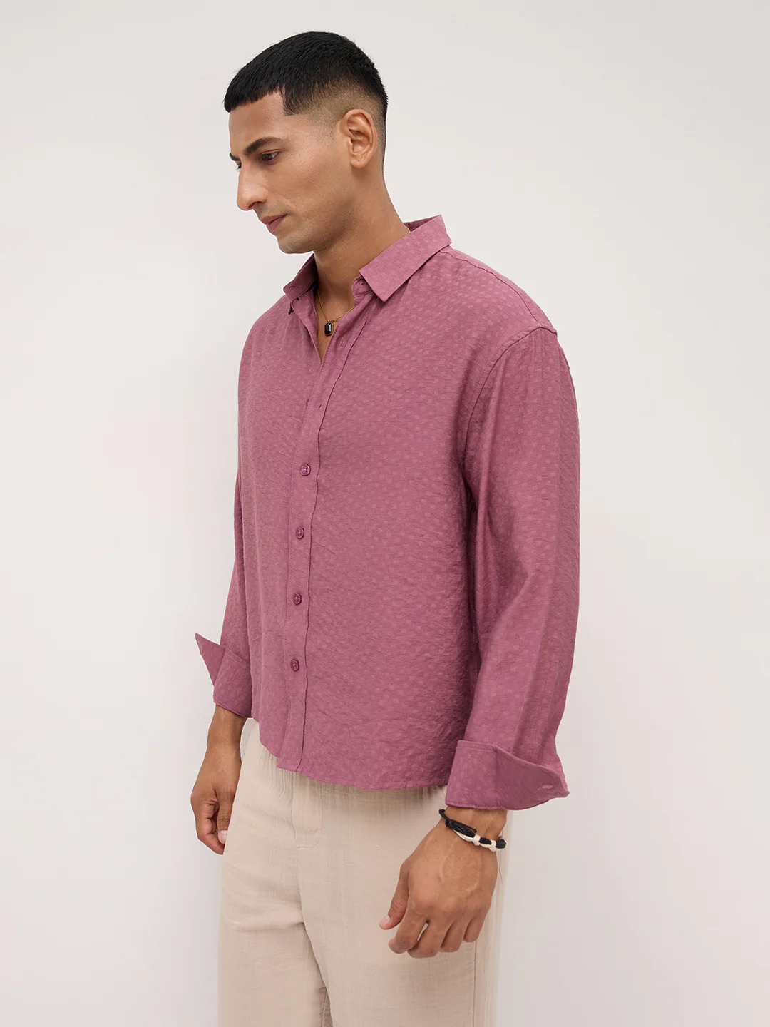 Rosewood Pink Dot Textured Boxy Fit Crop Shirt - Image 6