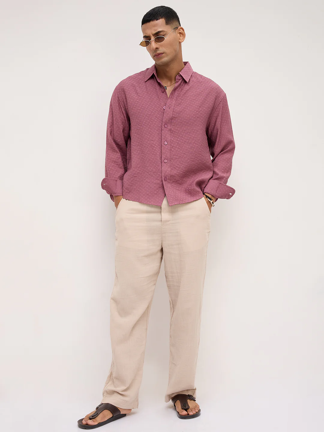 Rosewood Pink Dot Textured Boxy Fit Crop Shirt - Image 8
