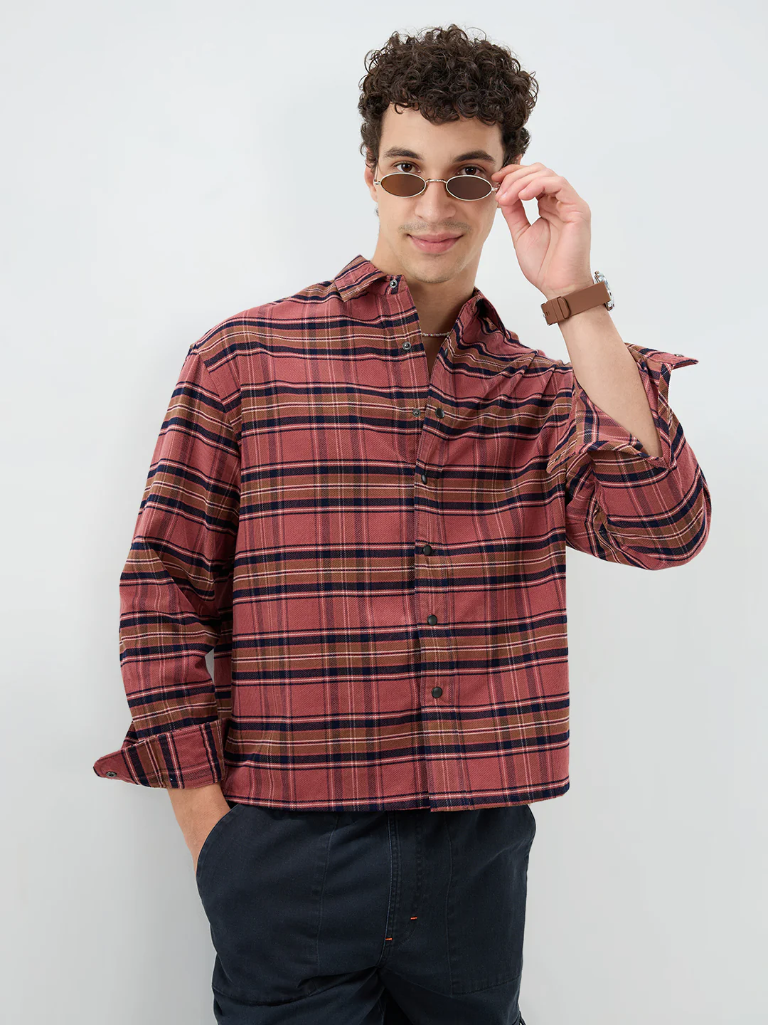 Rosewood Plaid Checks Boxy Fit Crop Cord Shirt