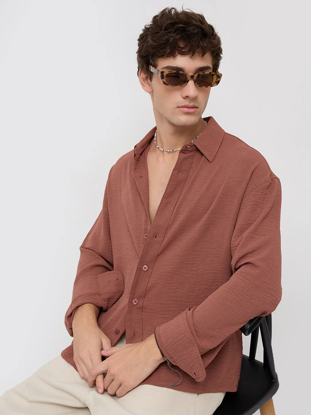 Russet Brown Crinkled Boxy Fit Crop Shirt - Image 2