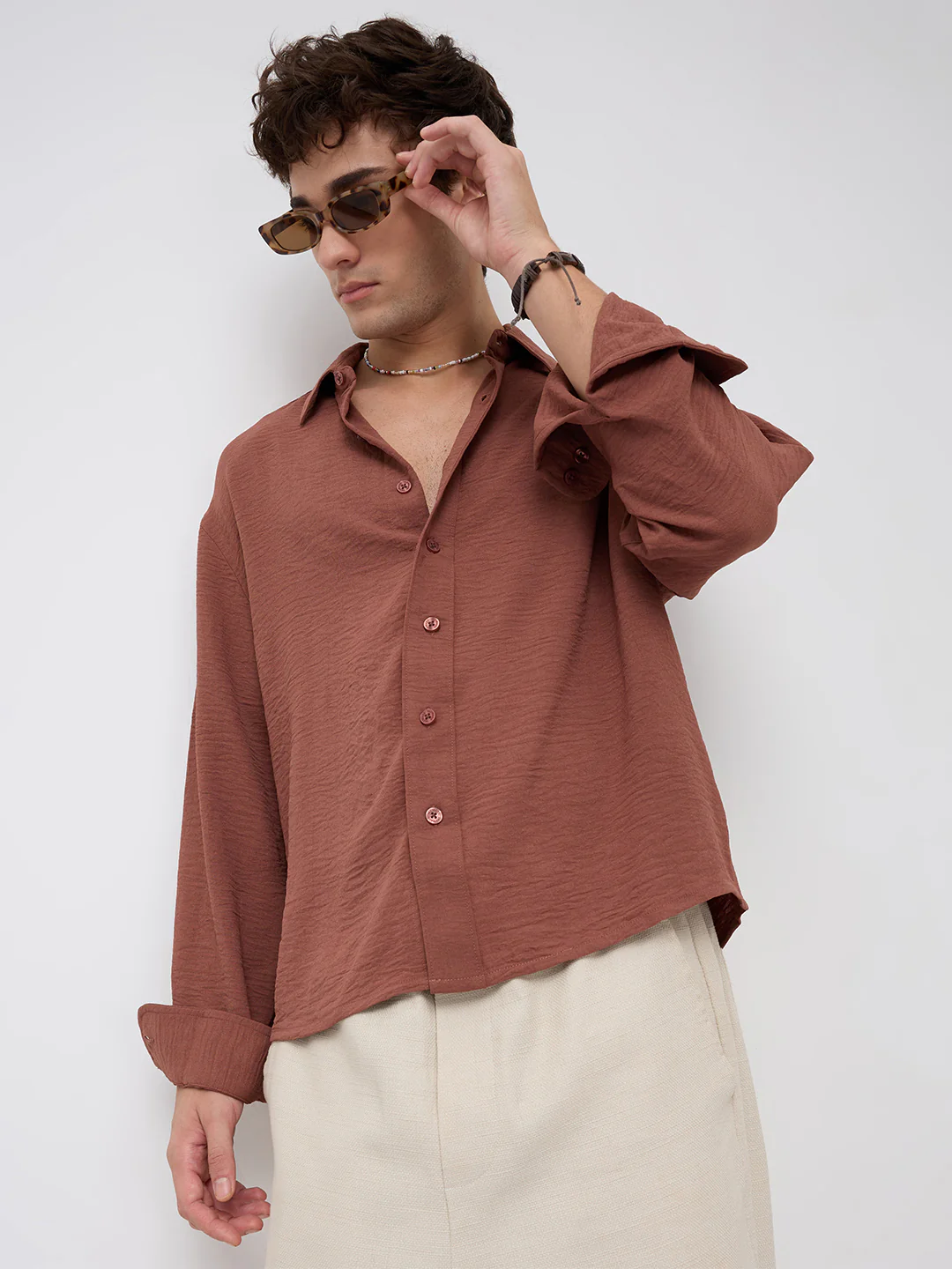 Russet Brown Crinkled Boxy Fit Crop Shirt - Image 4