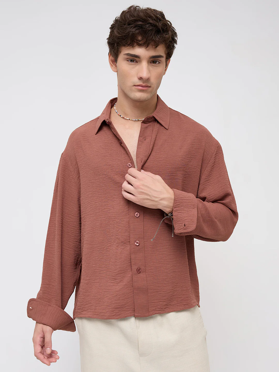 Russet Brown Crinkled Boxy Fit Crop Shirt - Image 5