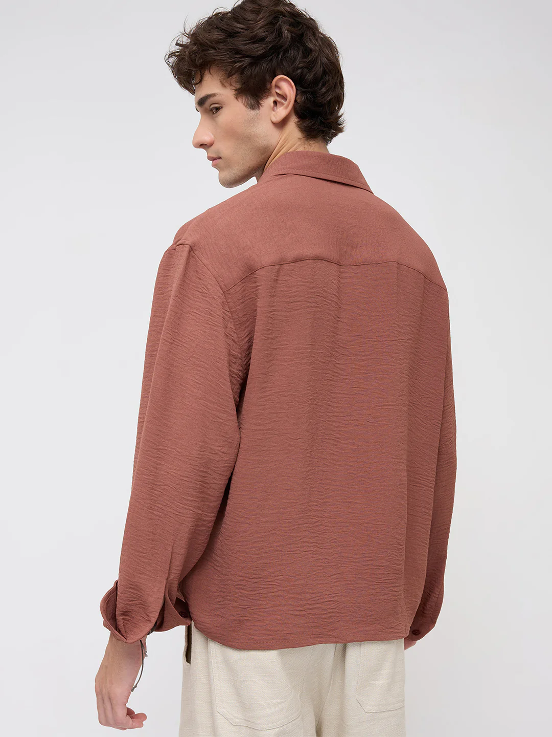 Russet Brown Crinkled Boxy Fit Crop Shirt - Image 7