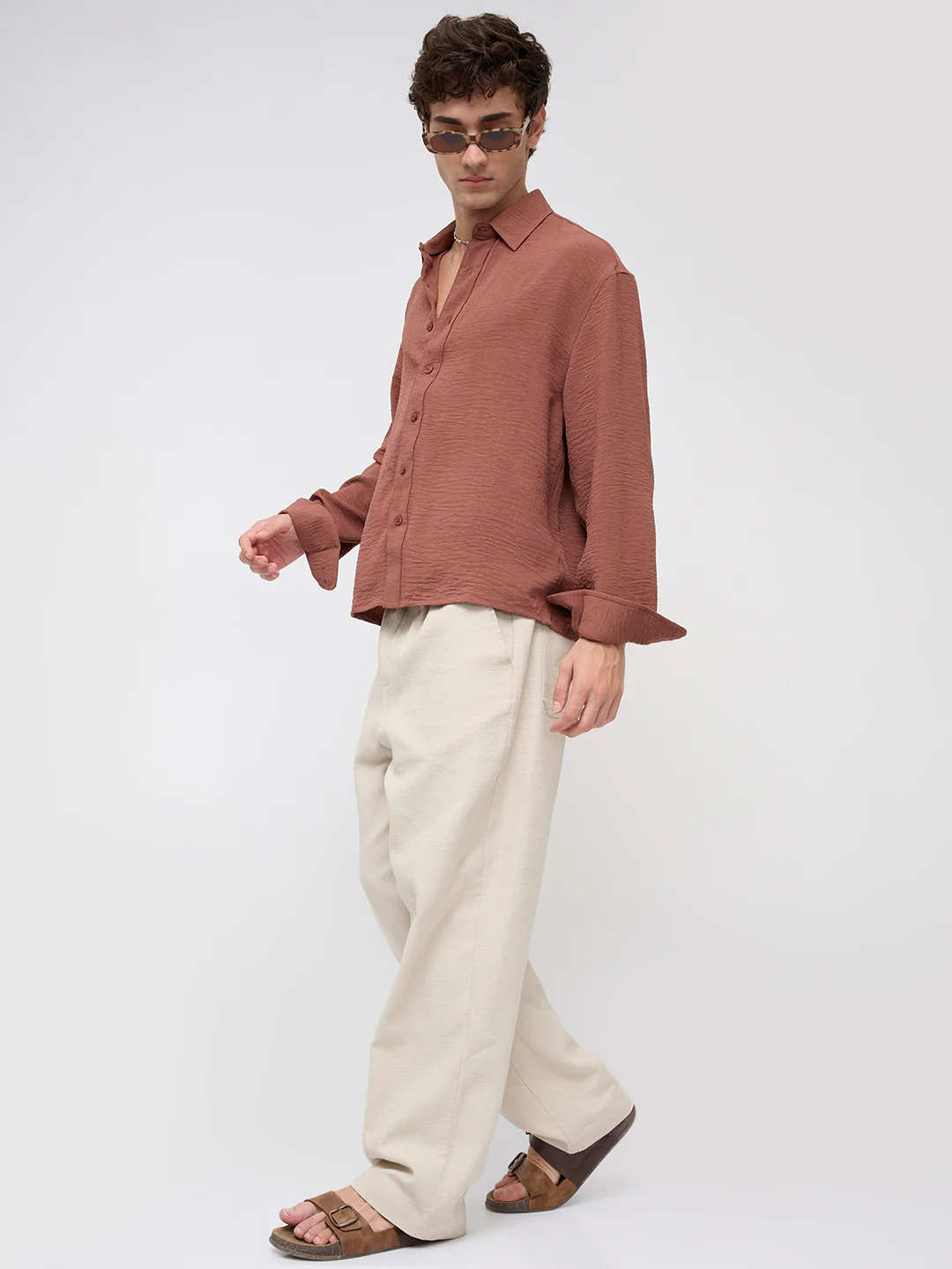 Russet Brown Crinkled Boxy Fit Crop Shirt - Image 8