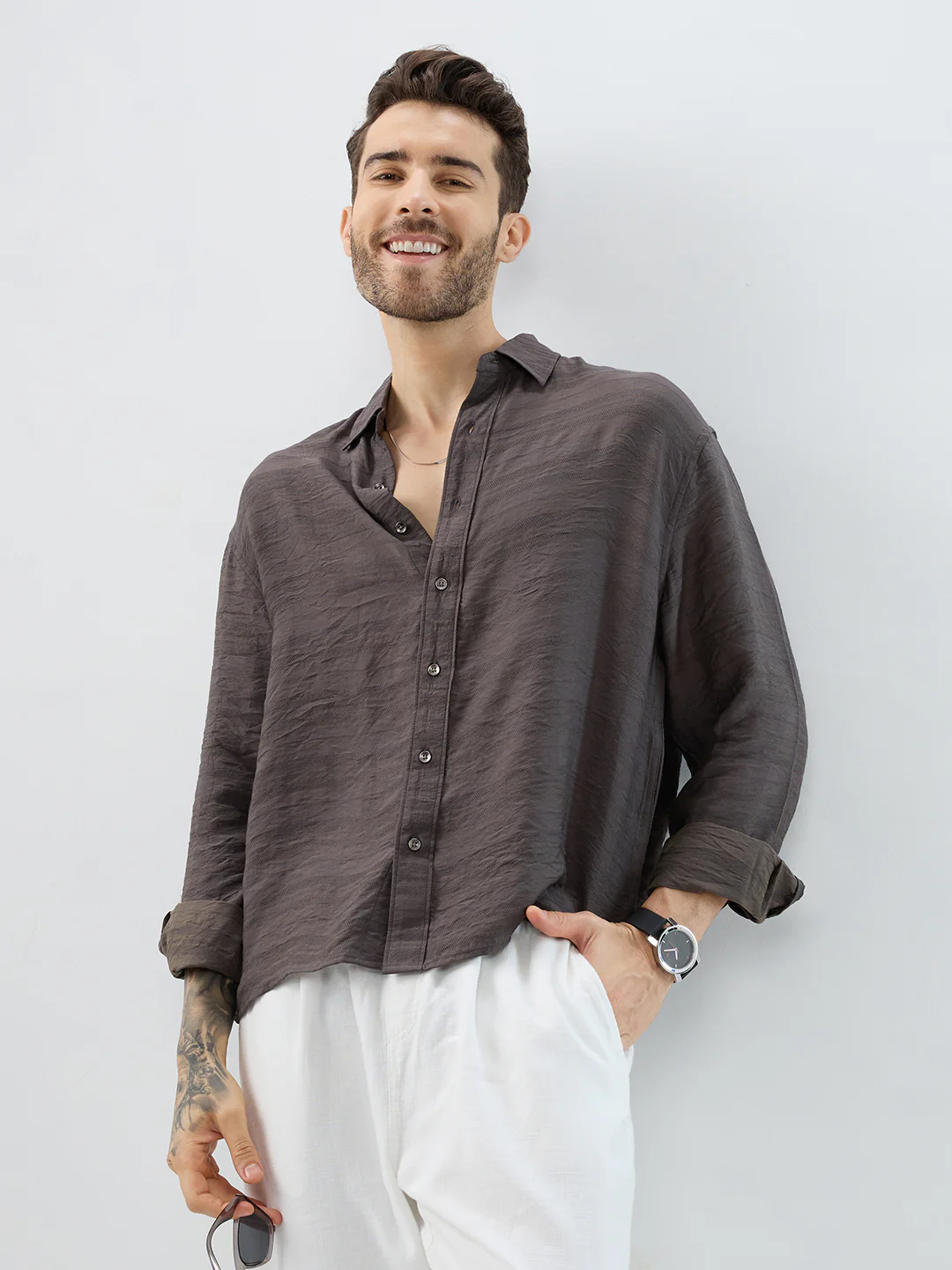 Rustic Brown Horizontal Textured Boxy Fit Crop Shirt