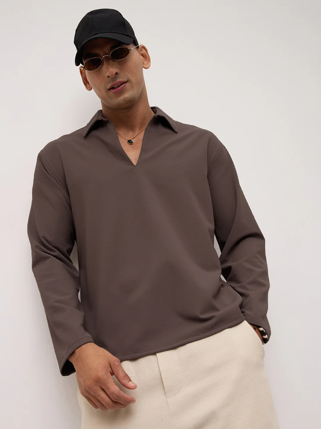 Saddle Brown Oversized Polo Tencel Knit Shirt - Image 4