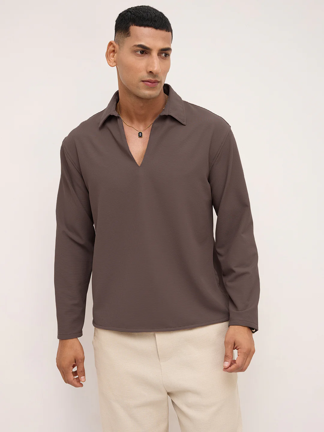 Saddle Brown Oversized Polo Tencel Knit Shirt - Image 5