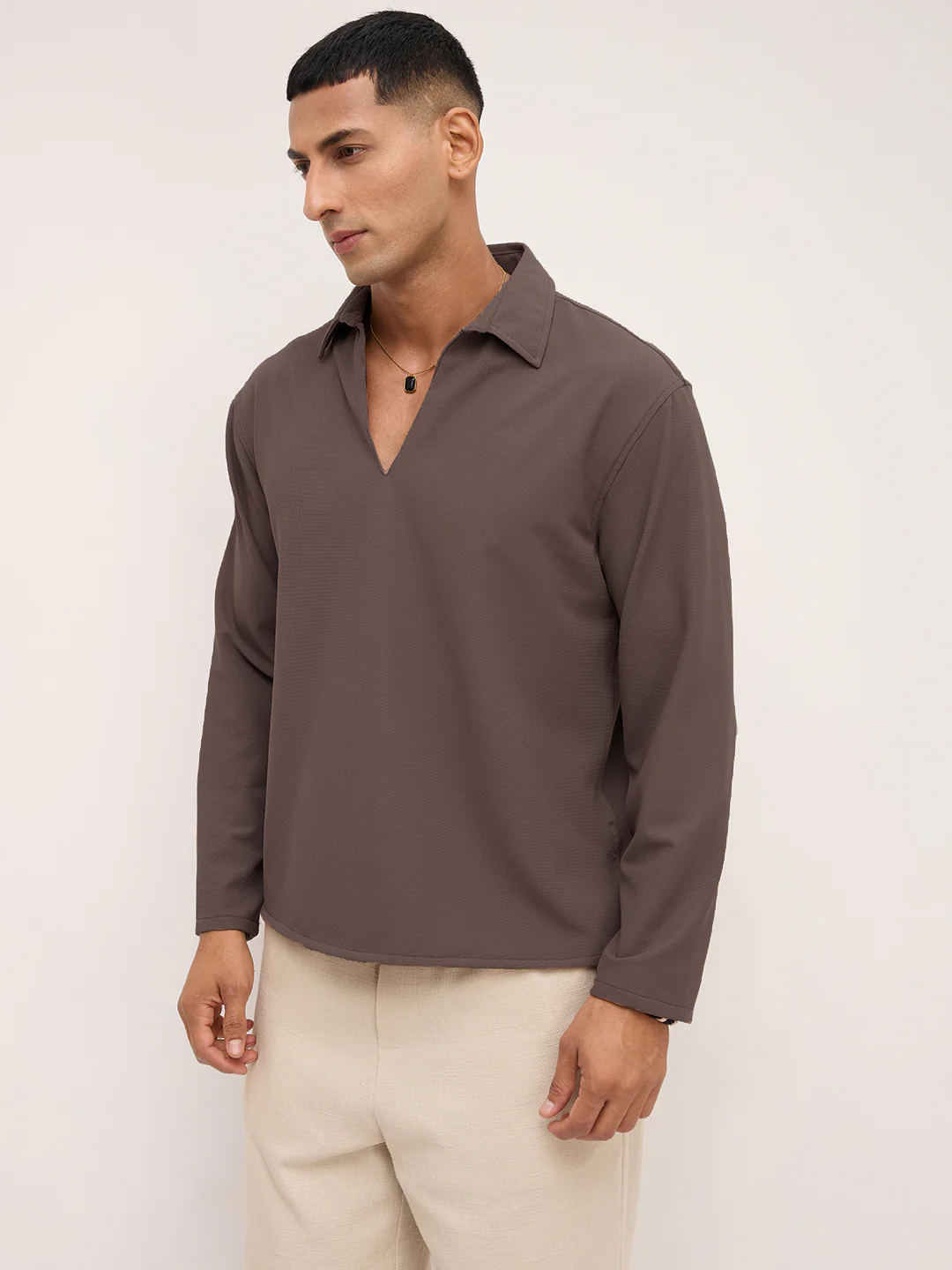Saddle Brown Oversized Polo Tencel Knit Shirt - Image 6