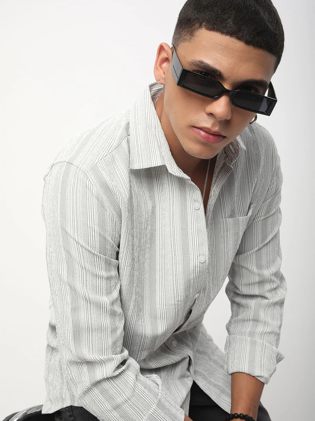 Sage Green & White Striped Creased Shirt - Image 2