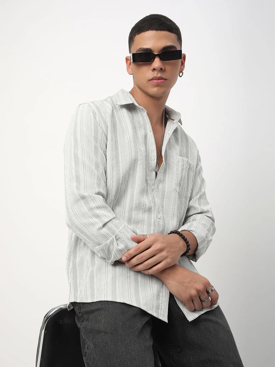 Sage Green & White Striped Creased Shirt - Image 4
