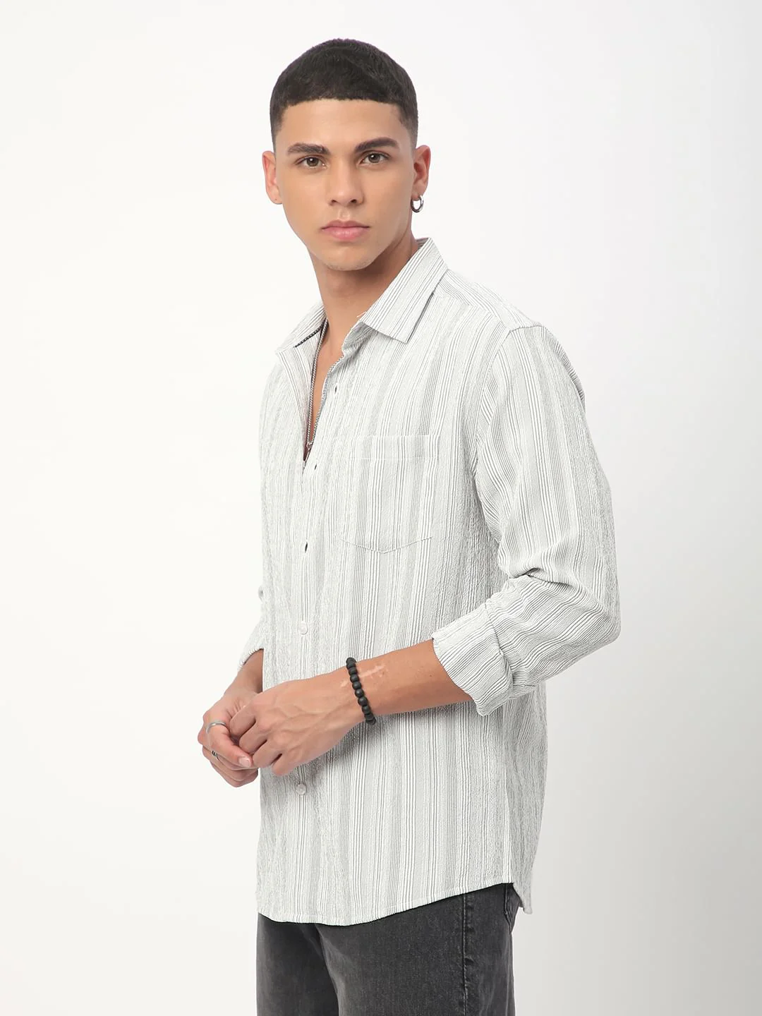 Sage Green & White Striped Creased Shirt - Image 6