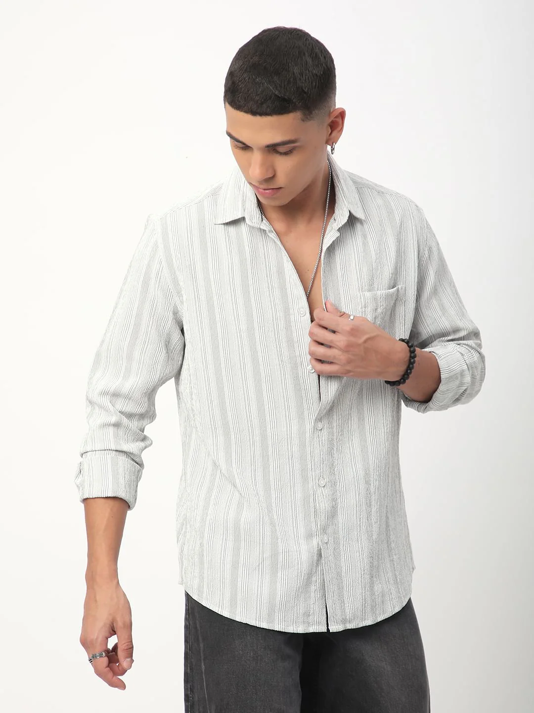 Sage Green & White Striped Creased Shirt - Image 7