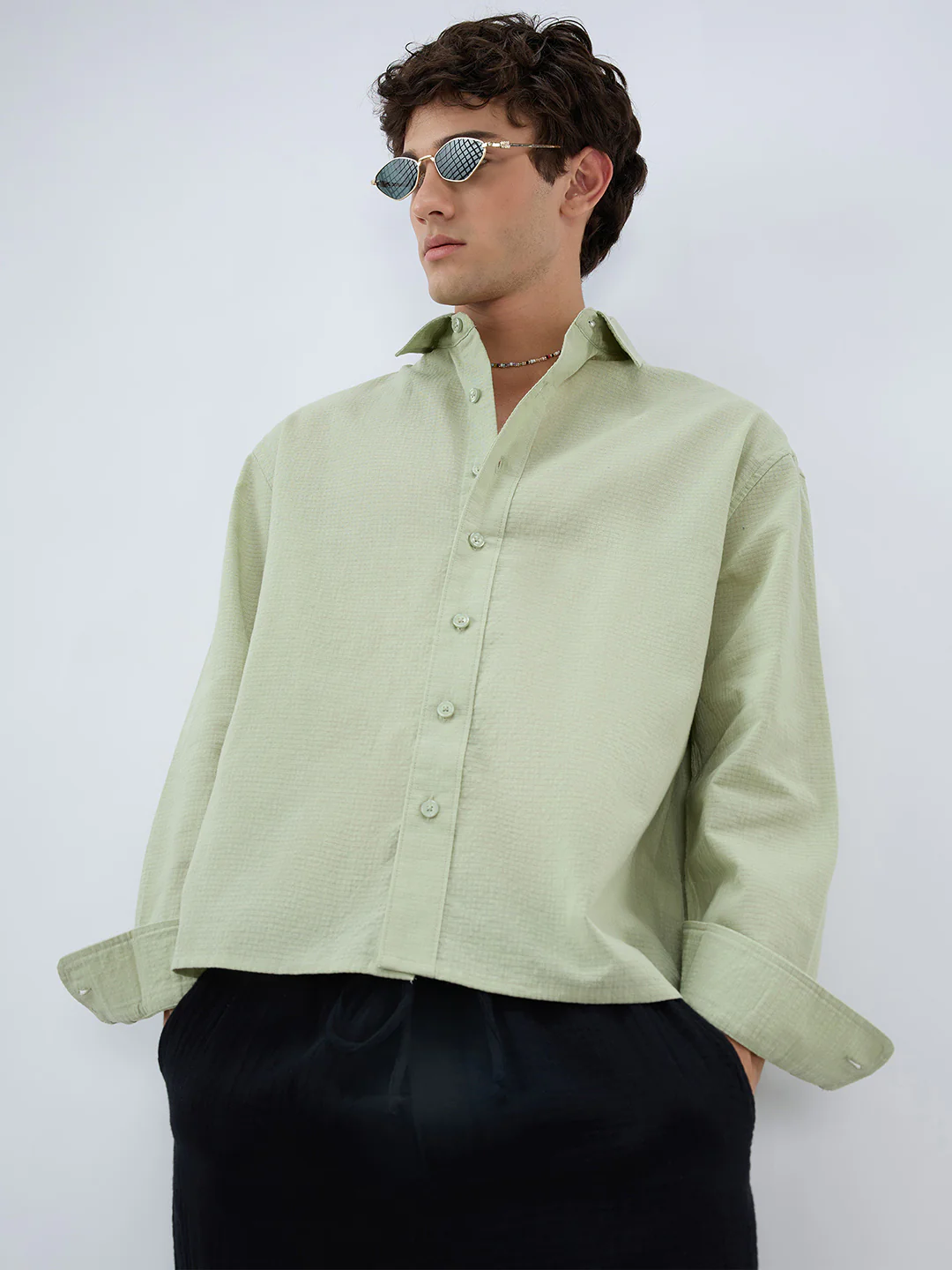 Sage Green Micro Weave Boxy Fit Crop Shirt - Image 2