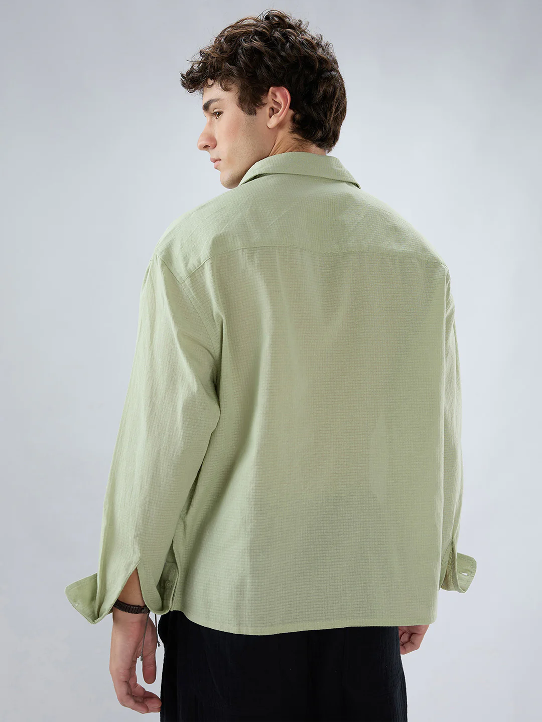 Sage Green Micro Weave Boxy Fit Crop Shirt - Image 7