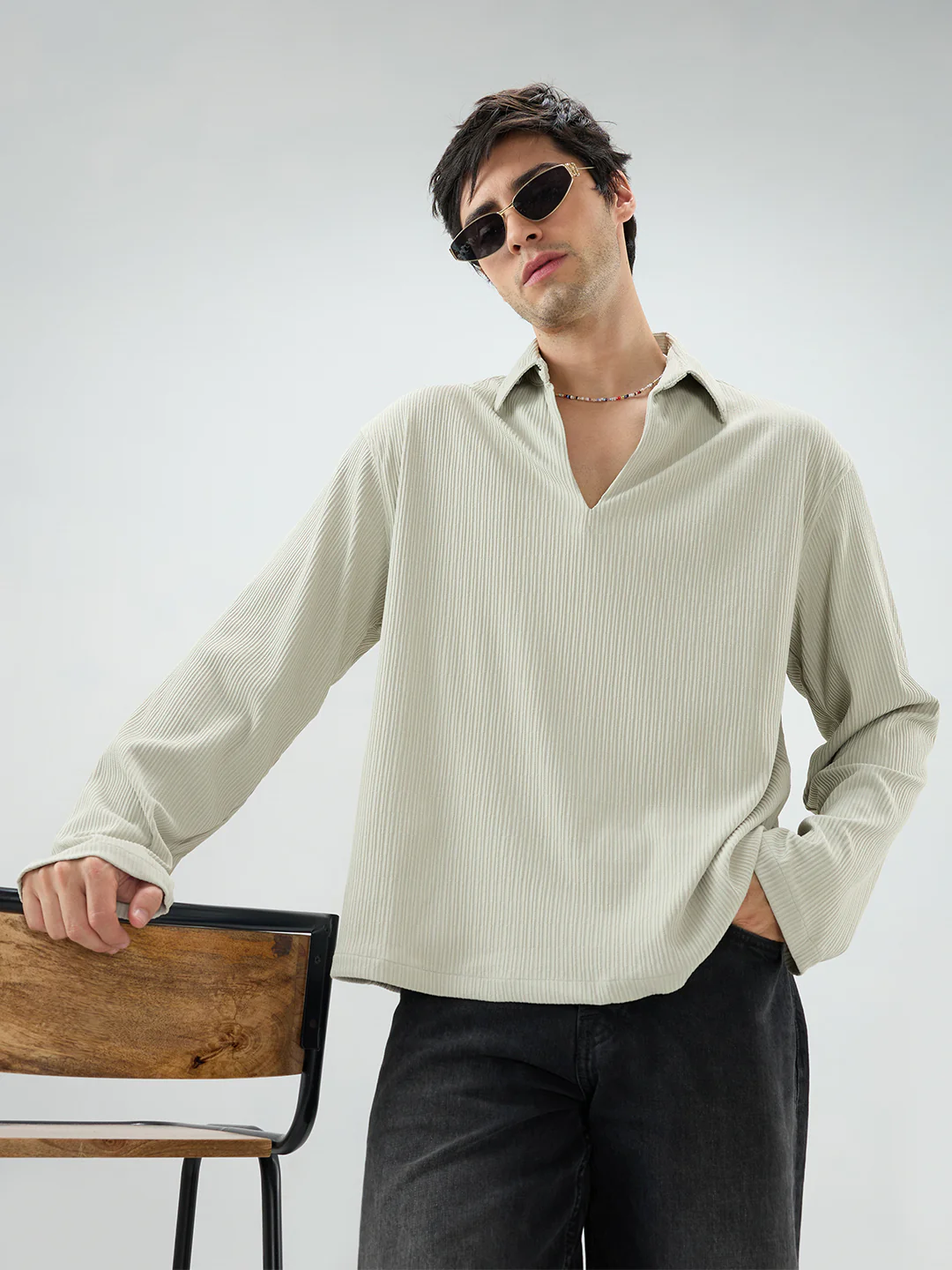 Sage Green Precision Ribbed Oversized Polo Knitted Shirt - Image 2