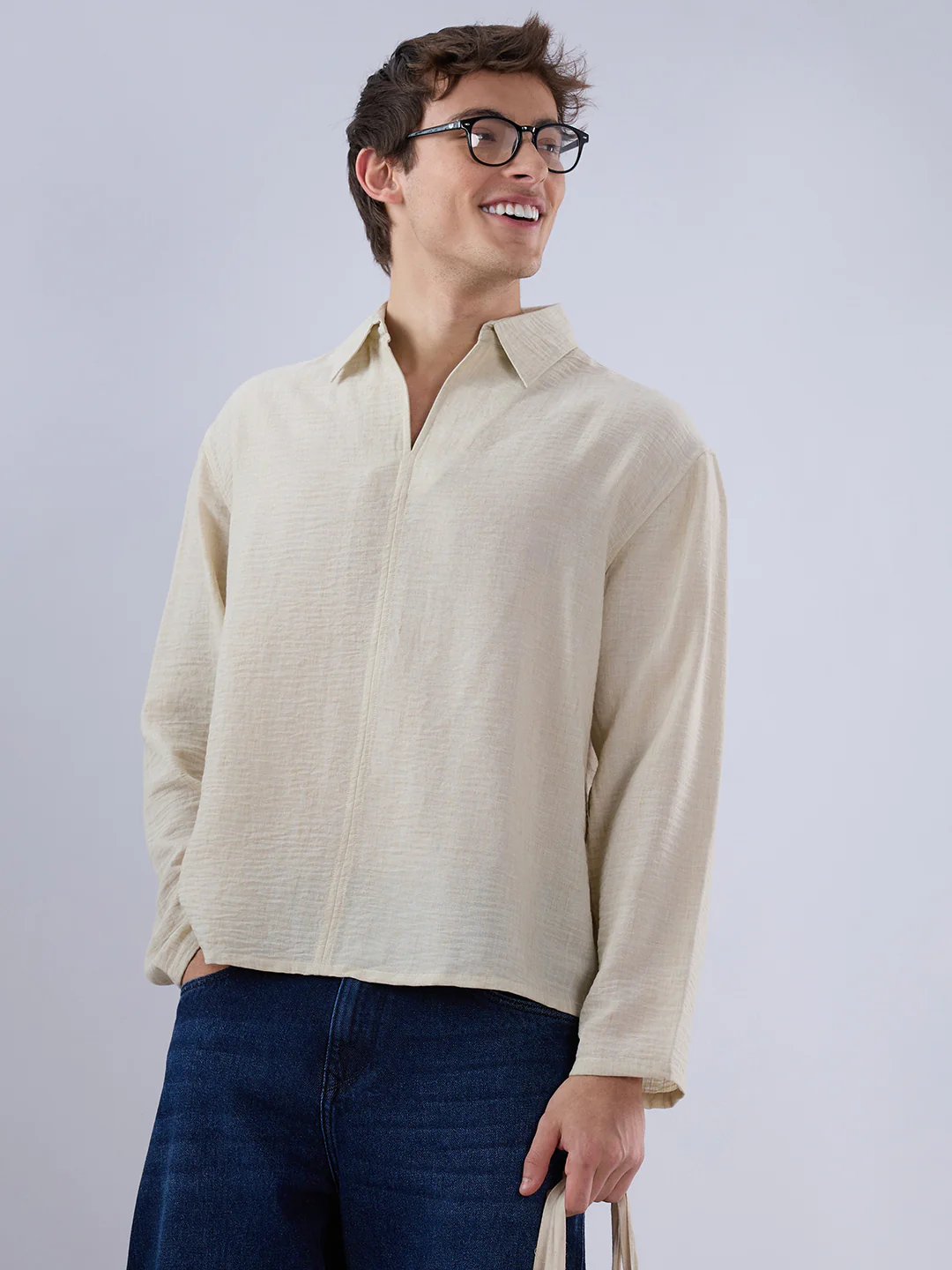 Sand Beige Crinkled Center Seam Oversized Polo Shirt - Image 2