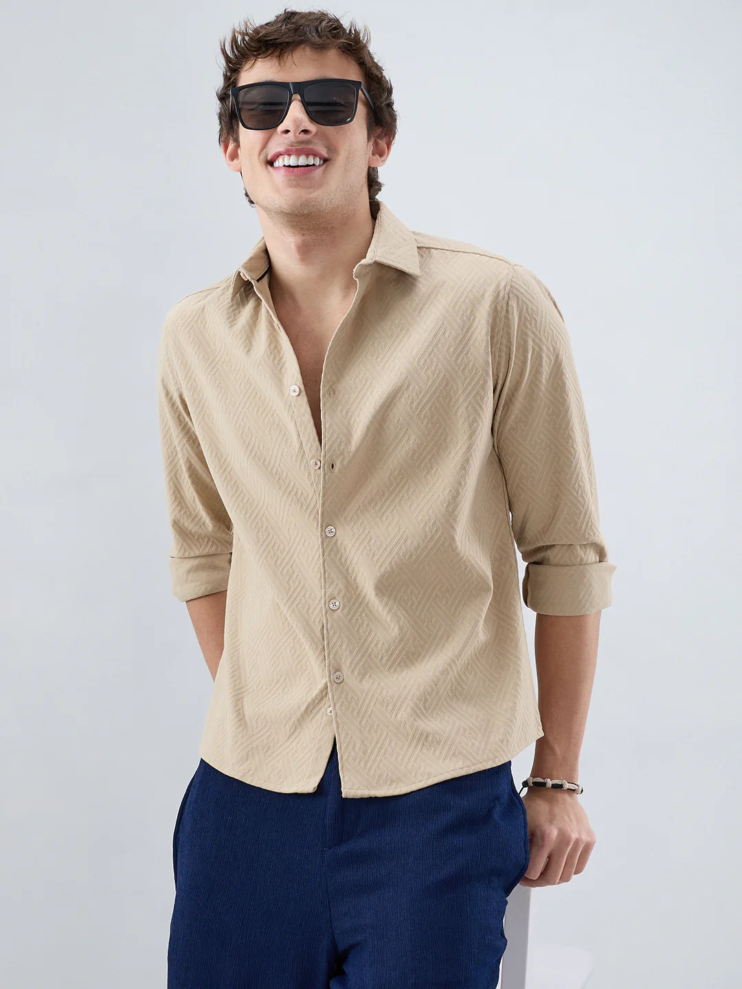 Sand Beige Interlock Maze Weave Knitted Shirt - Image 5