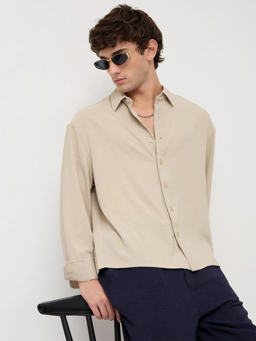 Sand Beige Velour Finish Boxy Fit Crop Shirt - Image 4