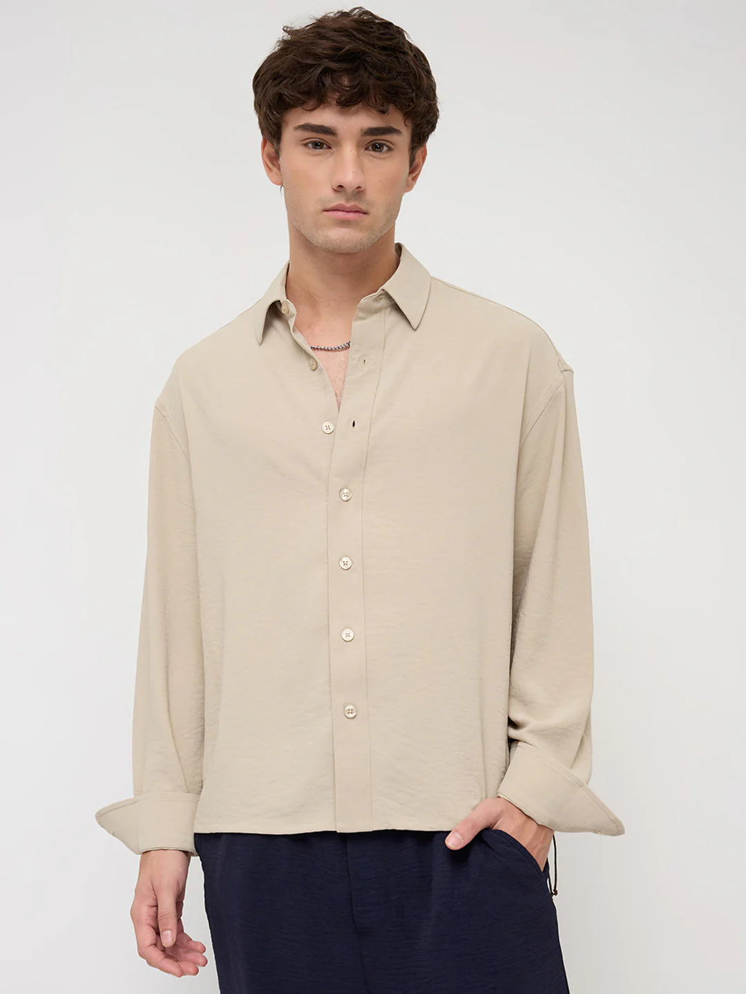Sand Beige Velour Finish Boxy Fit Crop Shirt - Image 5