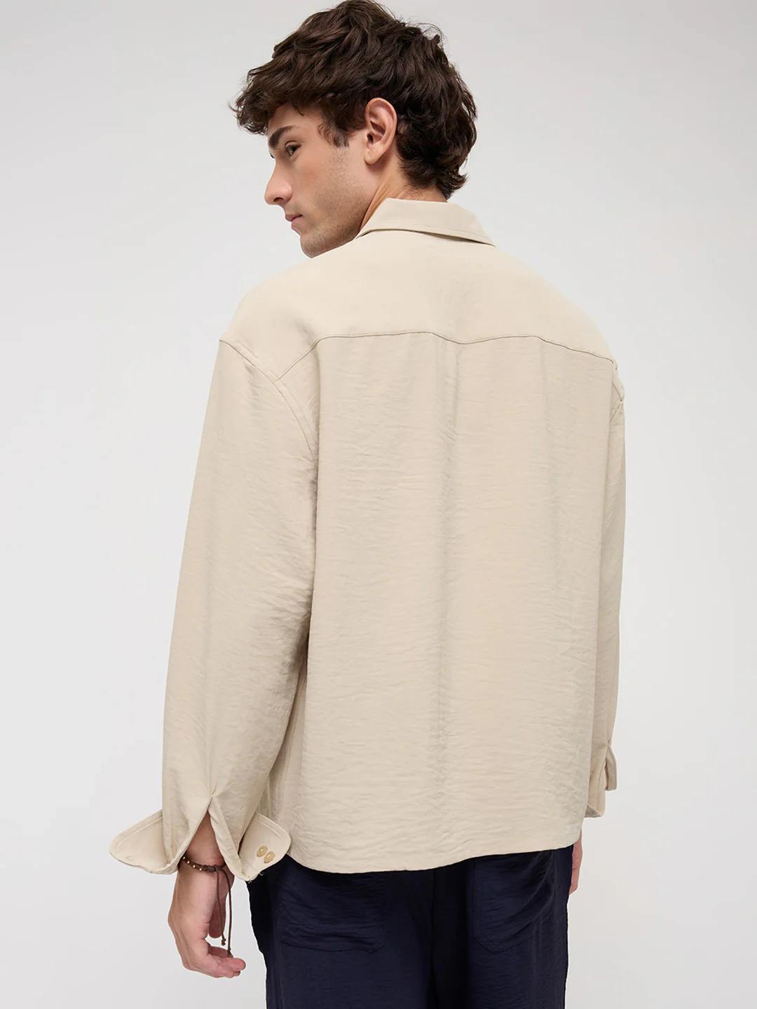 Sand Beige Velour Finish Boxy Fit Crop Shirt - Image 7