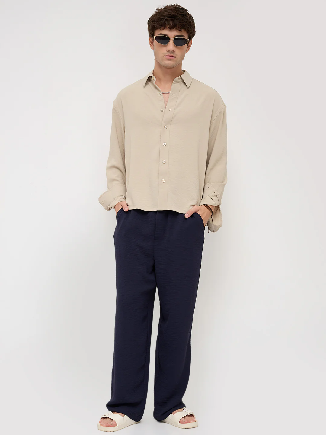 Sand Beige Velour Finish Boxy Fit Crop Shirt - Image 8