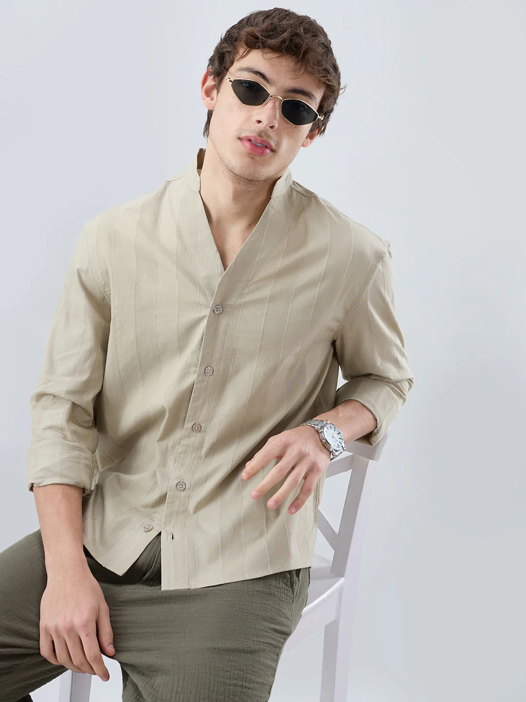 Sandstone Khaki Panel Textured Stand Collar Oversized Shirt