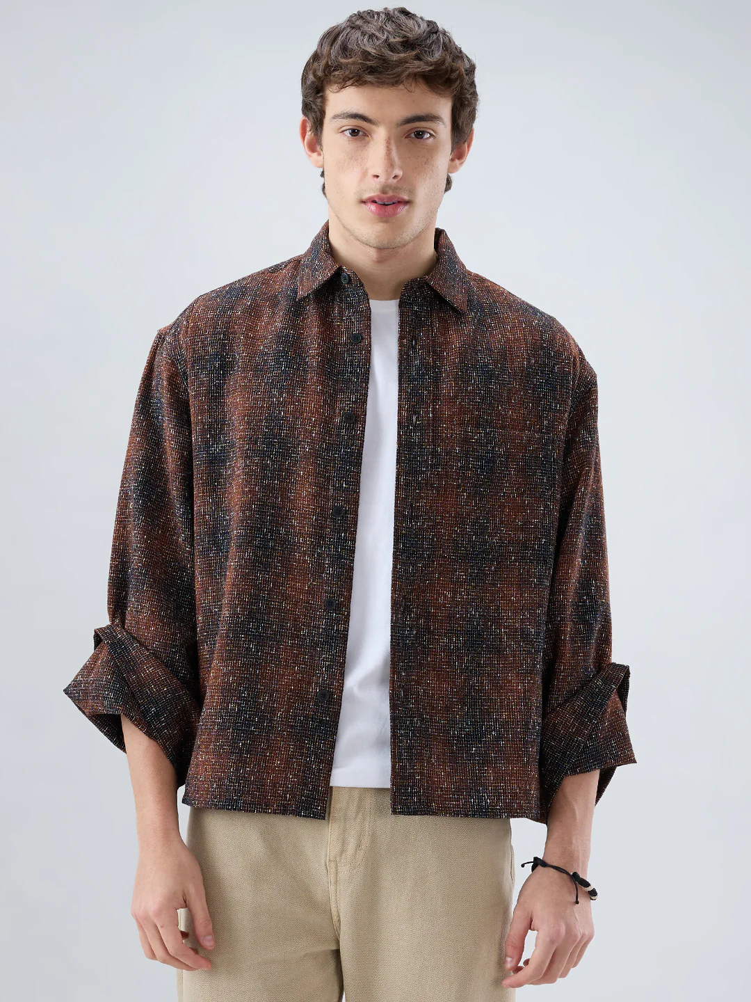 Sanjh Shaam Glossy Brown Textured Cuffless Oversized Crop Shirt - Image 5