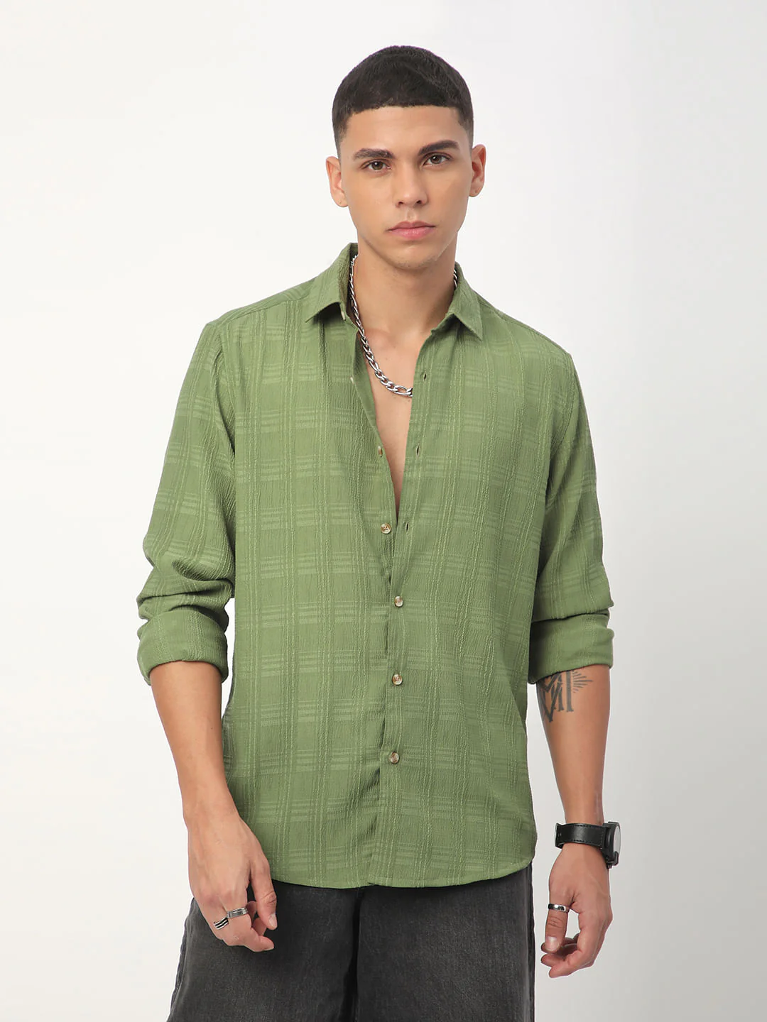 Sap Green Textured Creased Shirt - Image 5