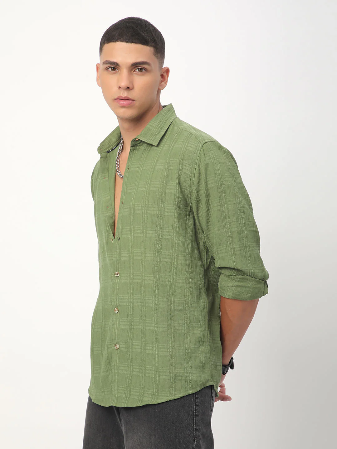 Sap Green Textured Creased Shirt - Image 6