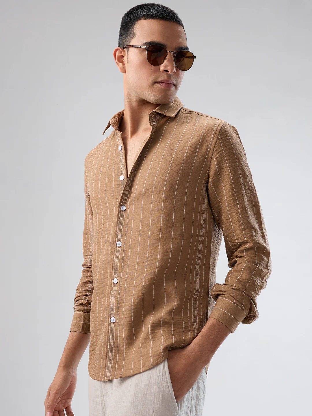 Schmick Warm Brown Pinstripe Shirt - Image 5