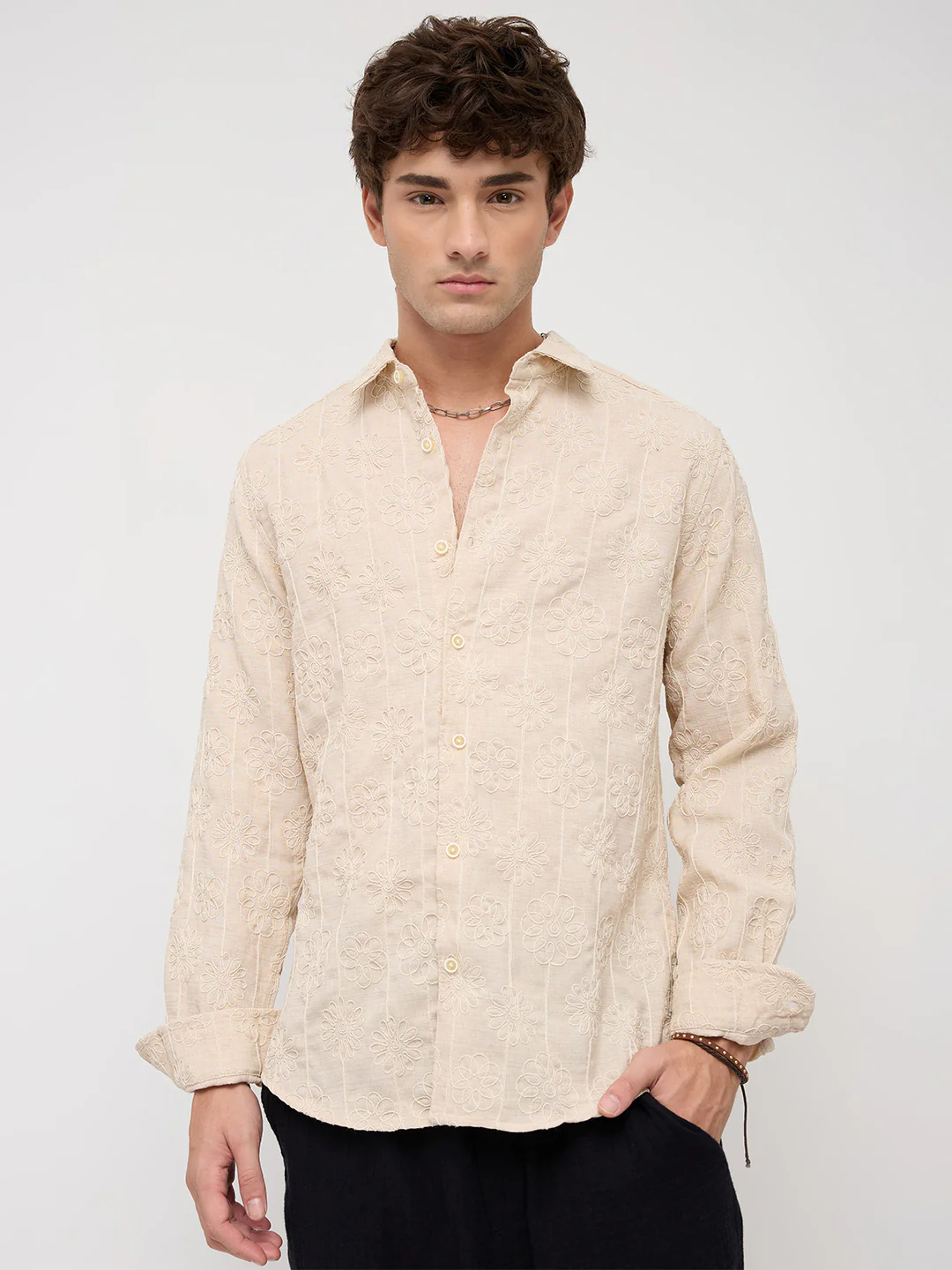 Serene Whispering Bloom Bisque Beige Embroidered Shirt - Image 5