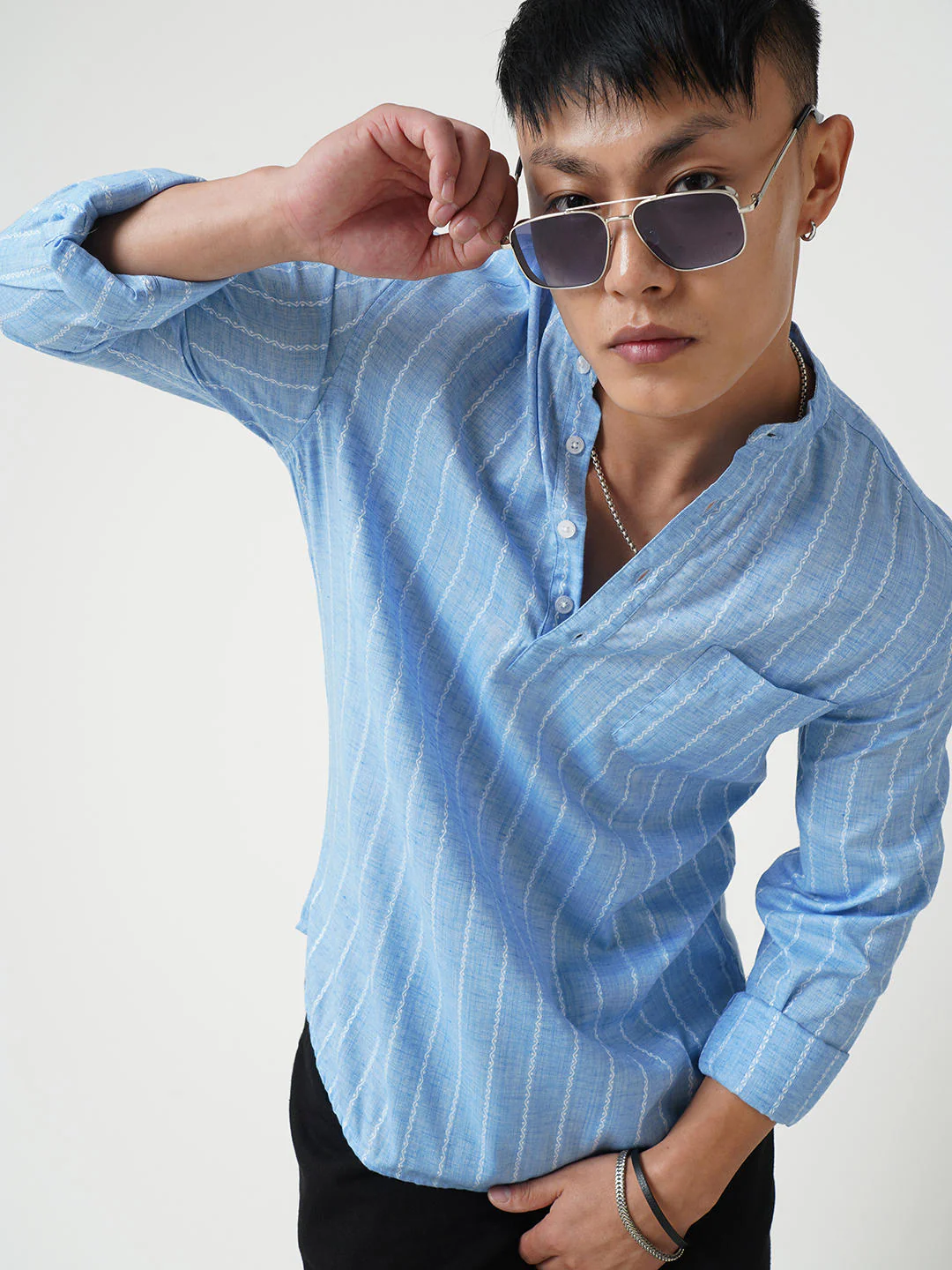 Sky Blue Dobby Striped Kurta
