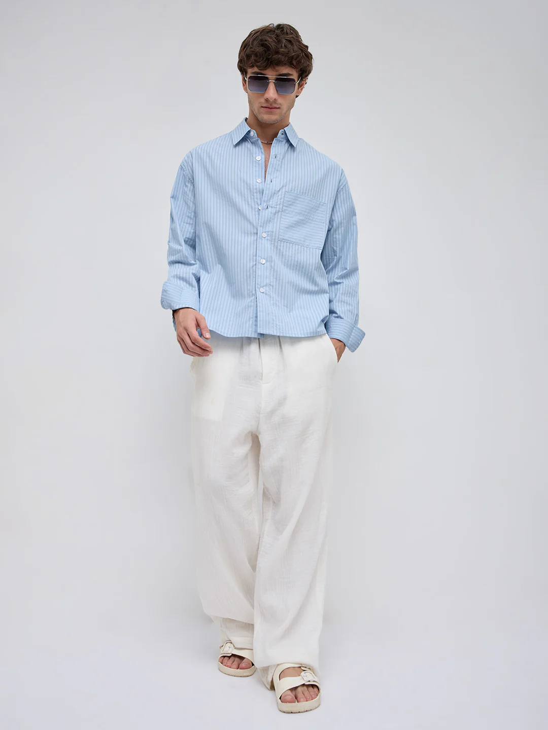 Skyline Blue Sheer Boxy Fit Crop Shirt - Image 7