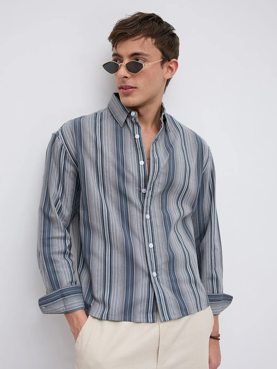 Slate Blue Multi Striped Boxy Fit Crop Shirt - Image 2