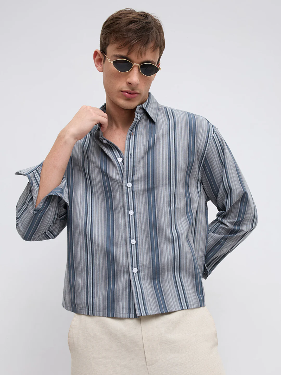 Slate Blue Multi Striped Boxy Fit Crop Shirt - Image 4