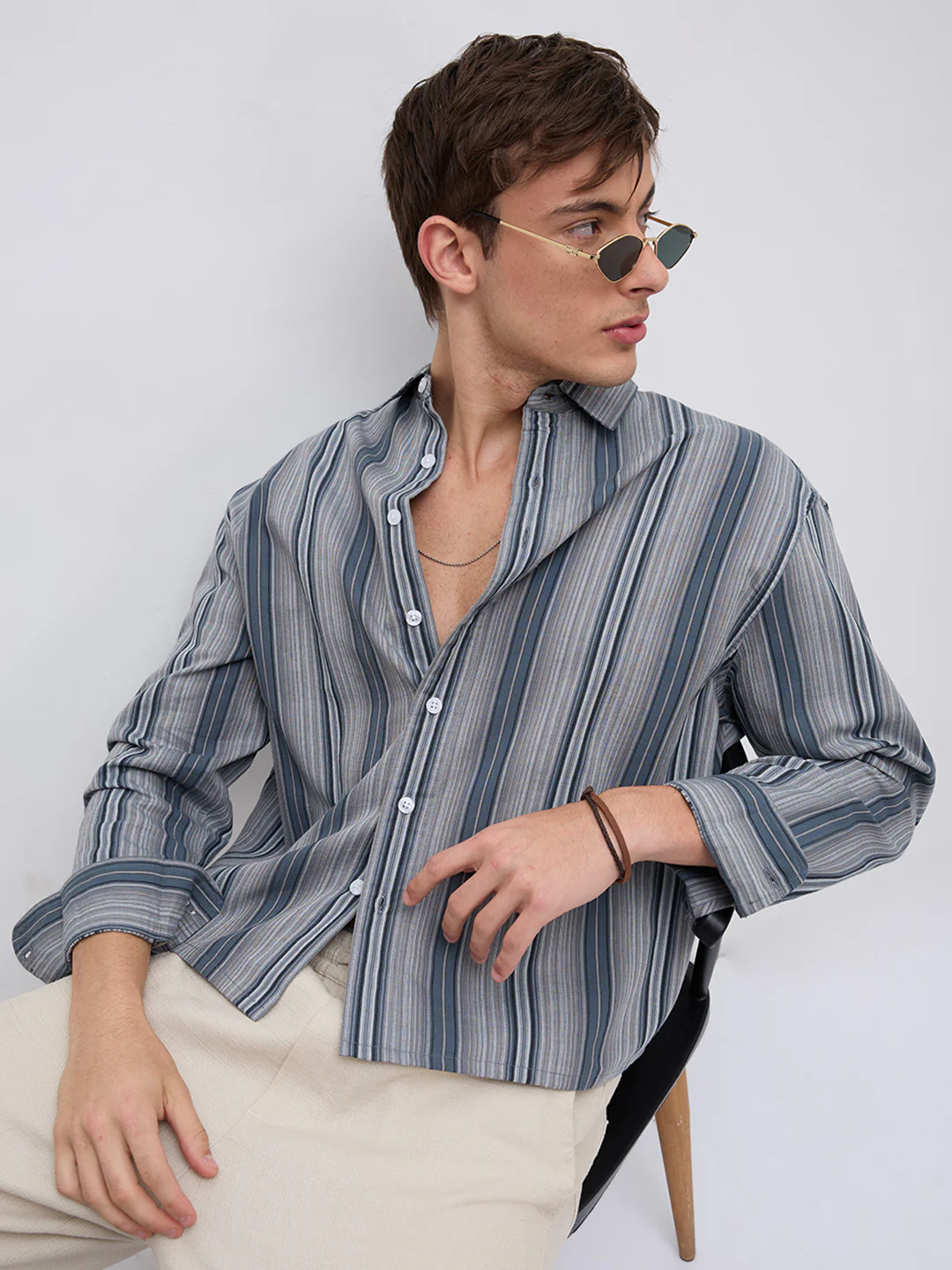 Slate Blue Multi Striped Boxy Fit Crop Shirt - Image 5