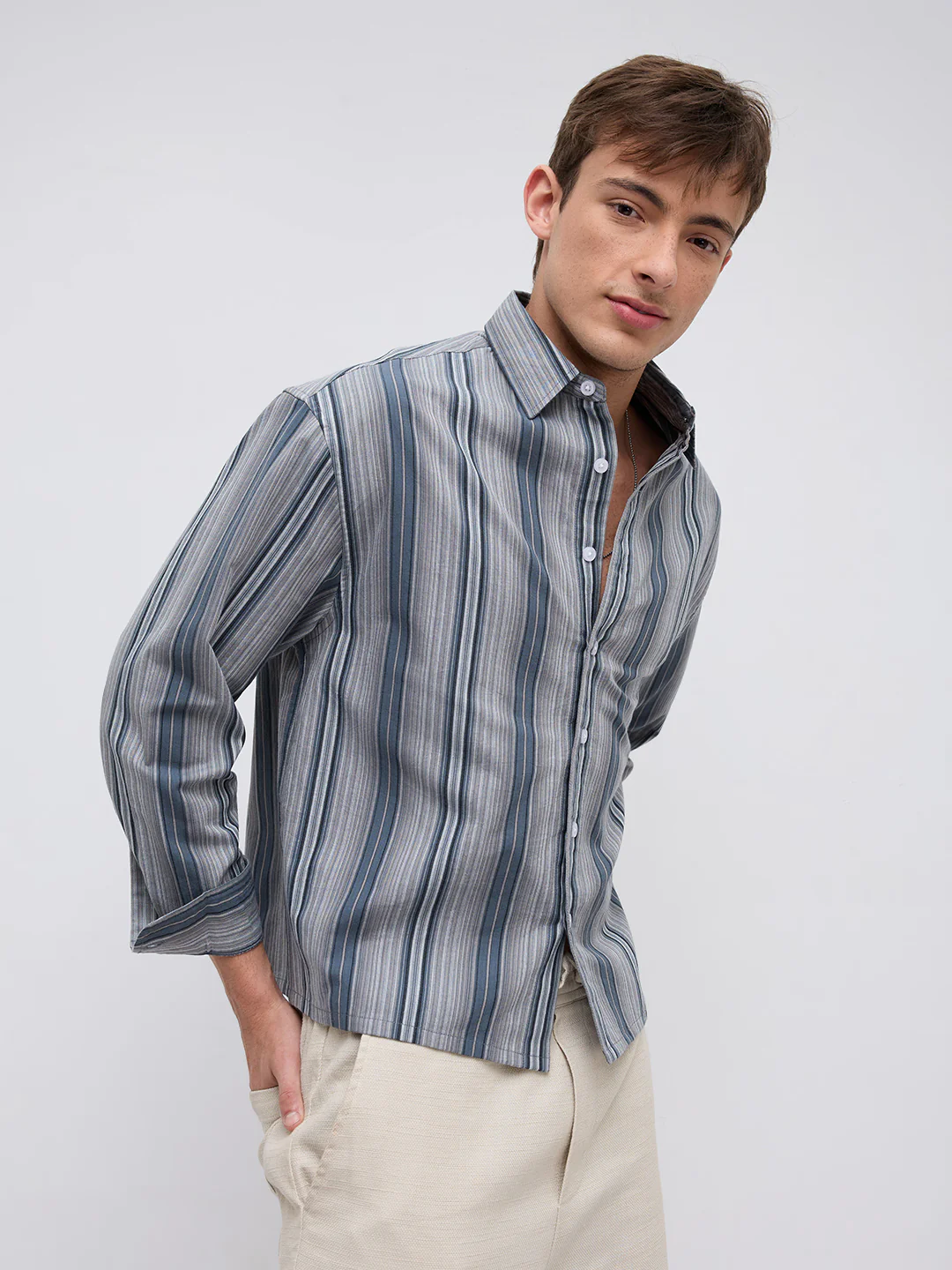 Slate Blue Multi Striped Boxy Fit Crop Shirt - Image 6