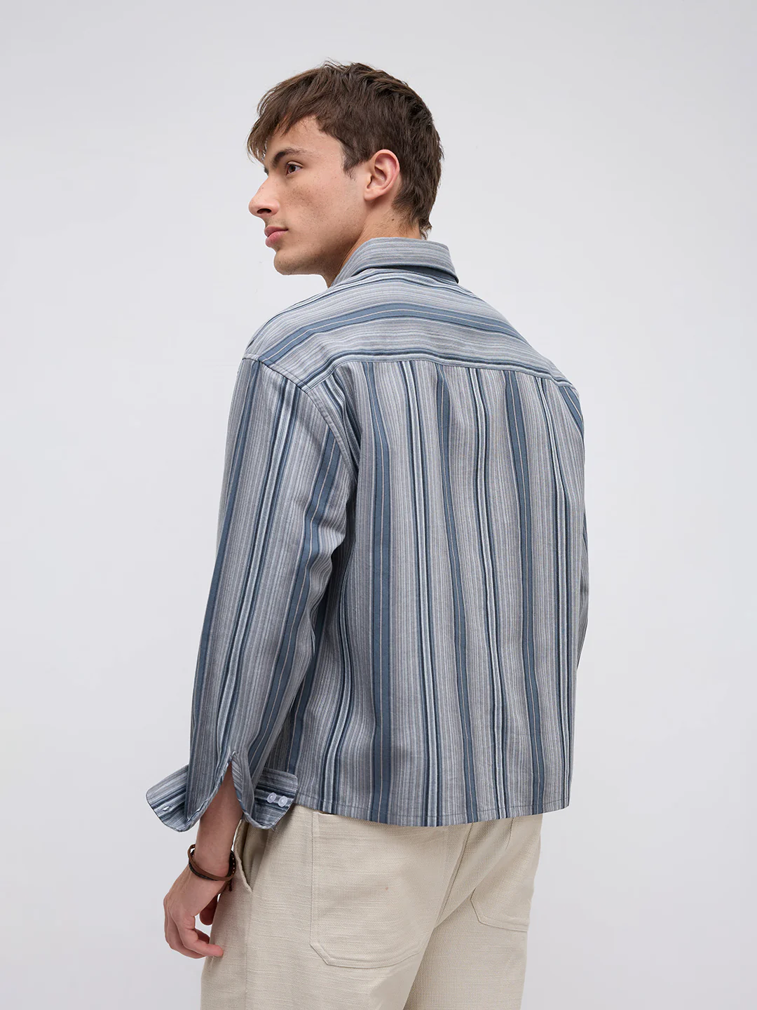 Slate Blue Multi Striped Boxy Fit Crop Shirt - Image 7